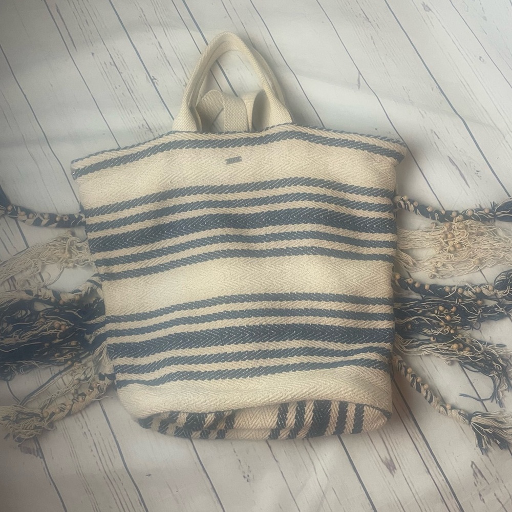 WRV Boho Blue & White Stripe Woven Jacquard Weekender Overnight Tote Backpack